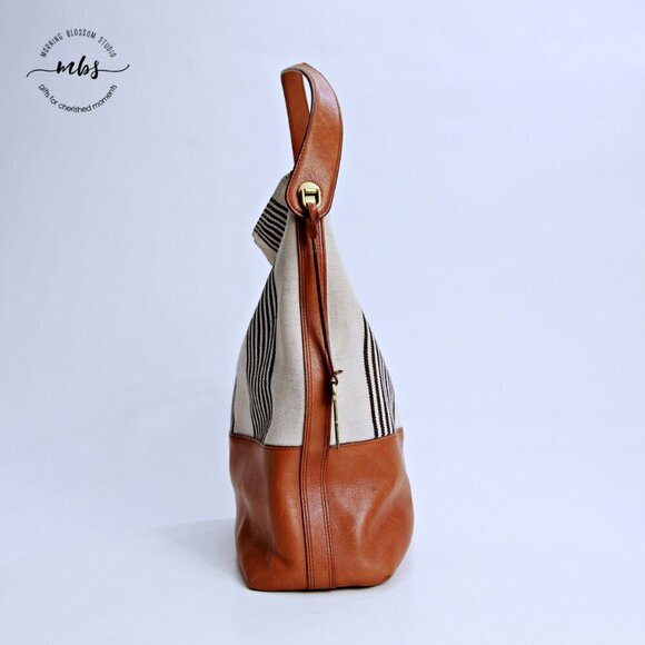 Fossil Stripe Textile Leather Trim Shoulder Handbag - Picture 3 of 14